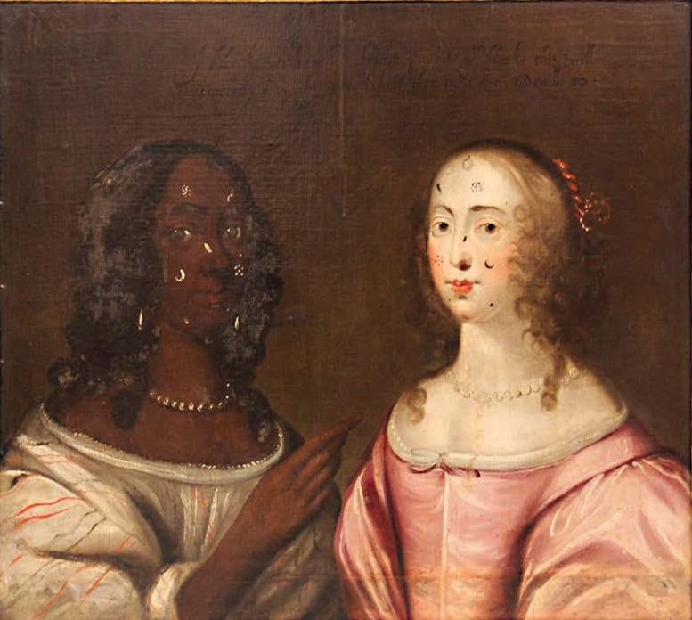 A portrait of two finely dressed women facing each other, one is Black and one is white