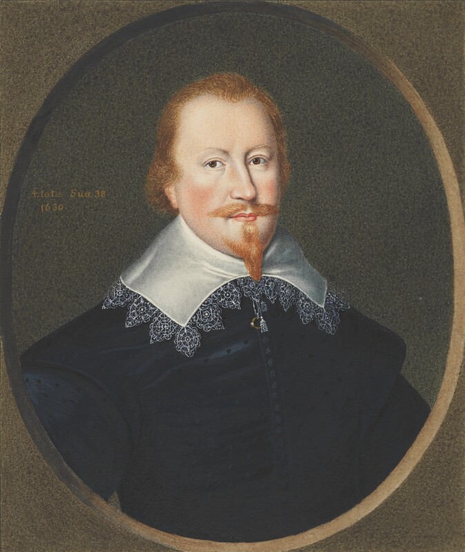 Oval shaped head and shoulders portrait of a man in early 17th-century clothing. He wears a neatly trimmed moustache and pointed beard.