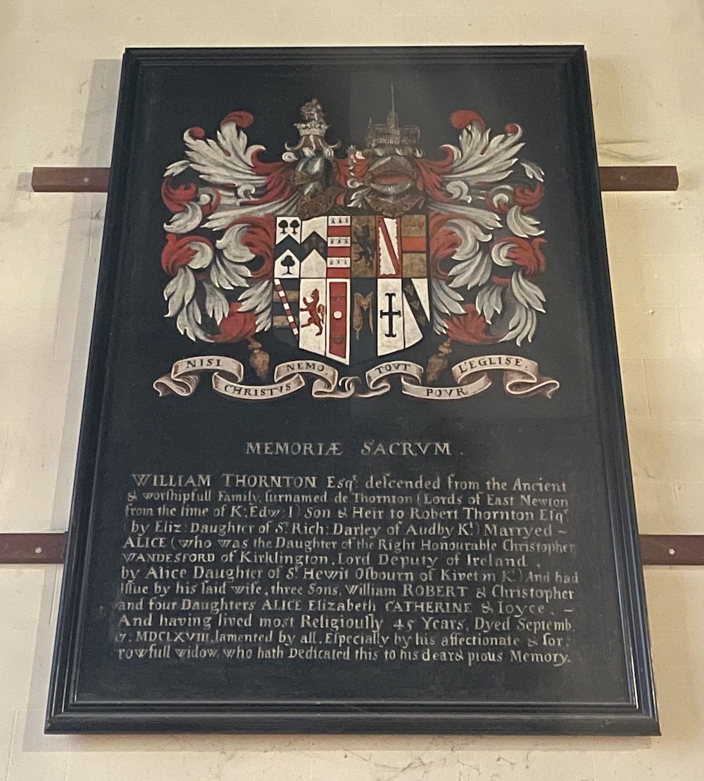 Memorial plaque with coat of arms for William Thornton Esquire