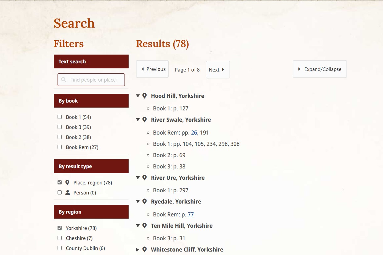 A picture of a webpage from the Thornton's Books site, showing the search results for places in Yorkshire