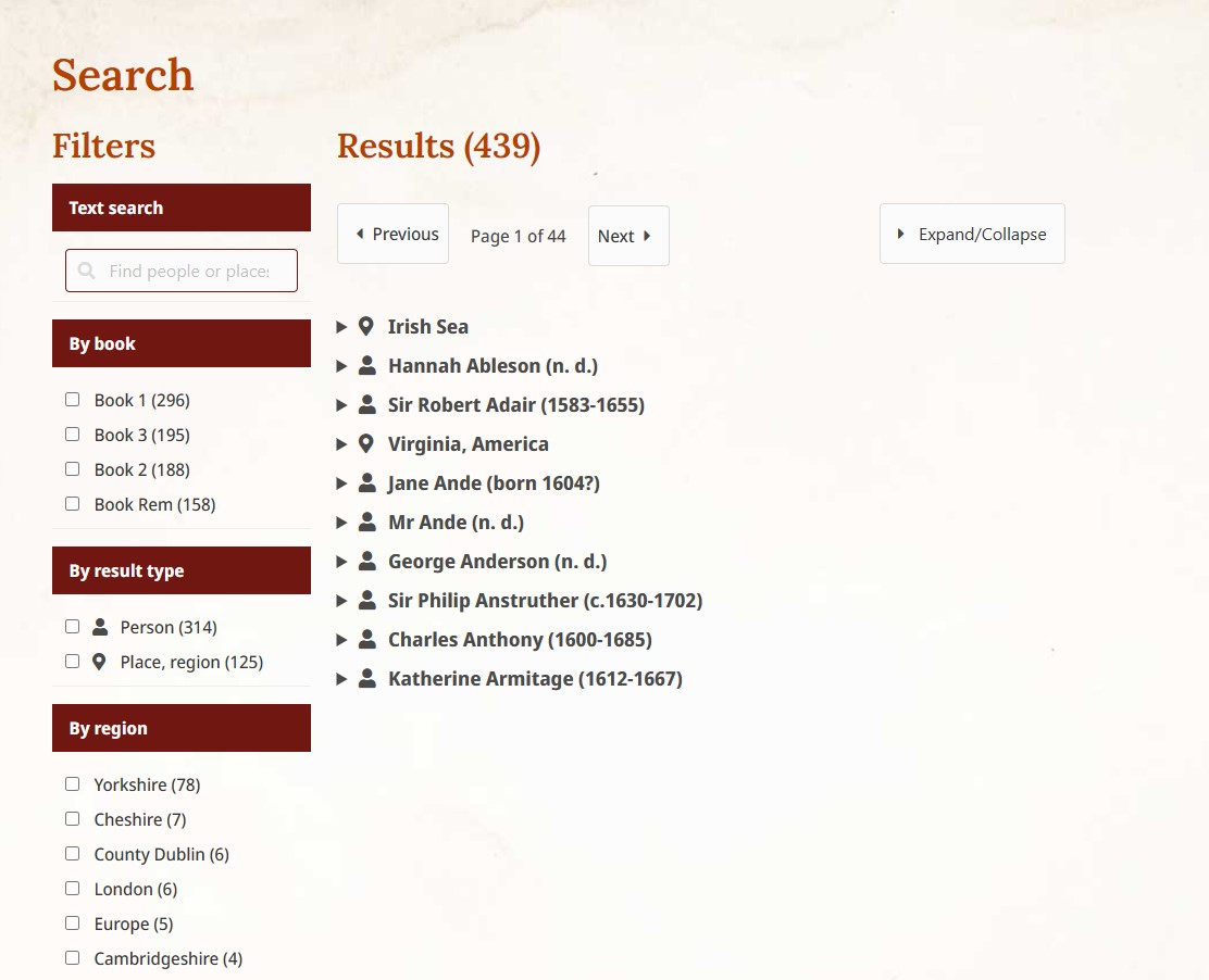 A picture of a webpage from the Thornton's Books site, showing a list of people and places