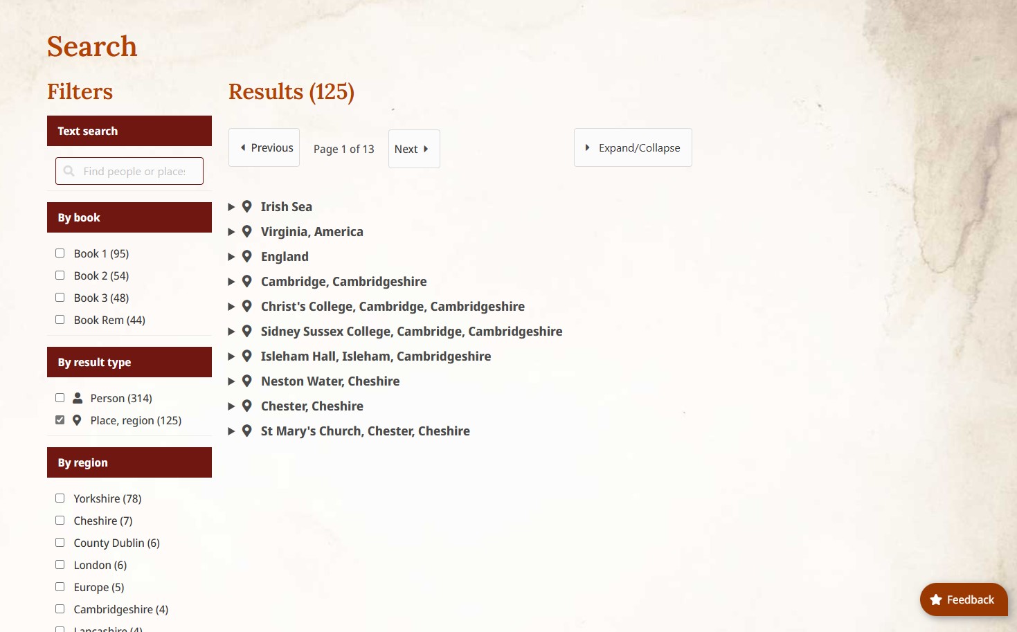 A picture of a webpage from the Thornton's Books site, showing a list of people and places