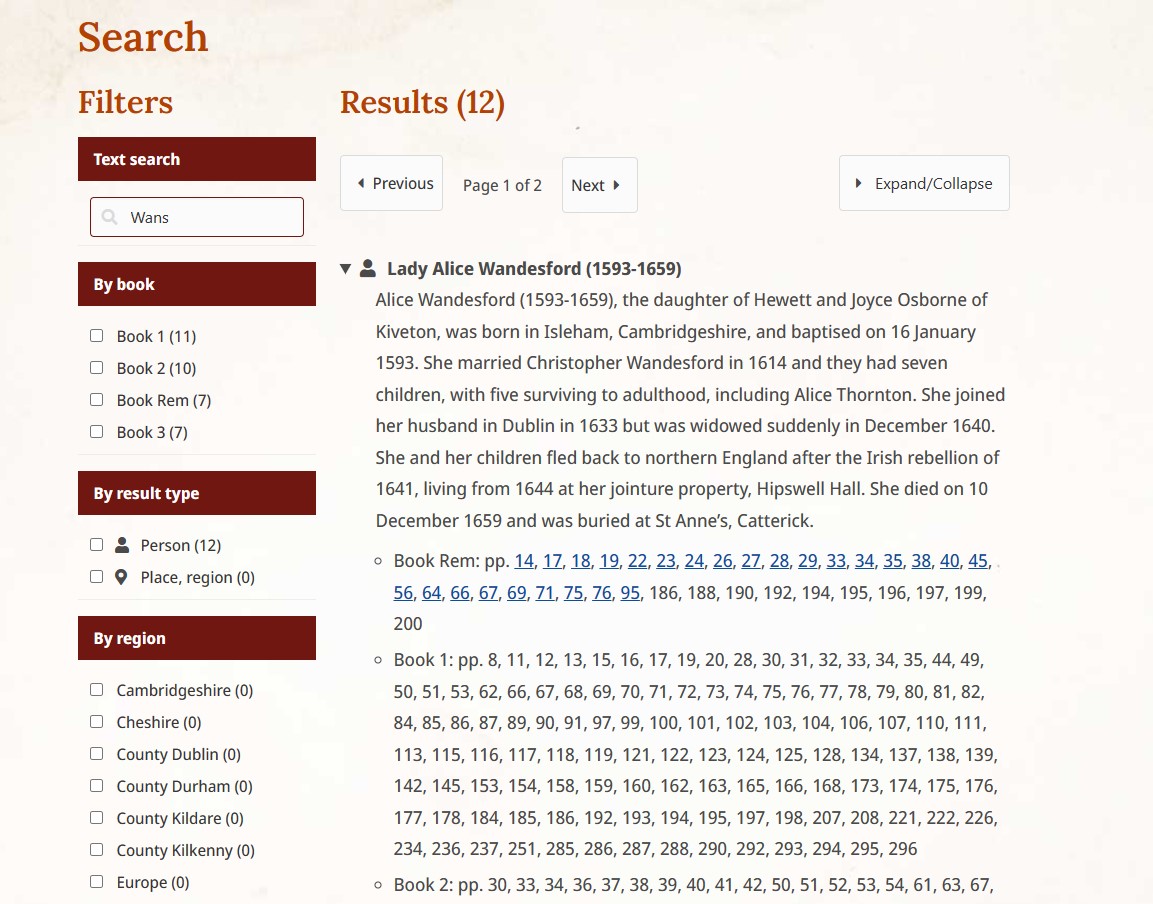 A picture of a webpage from the Thornton's Books site, showing the search results for Lady Alice Wandesford