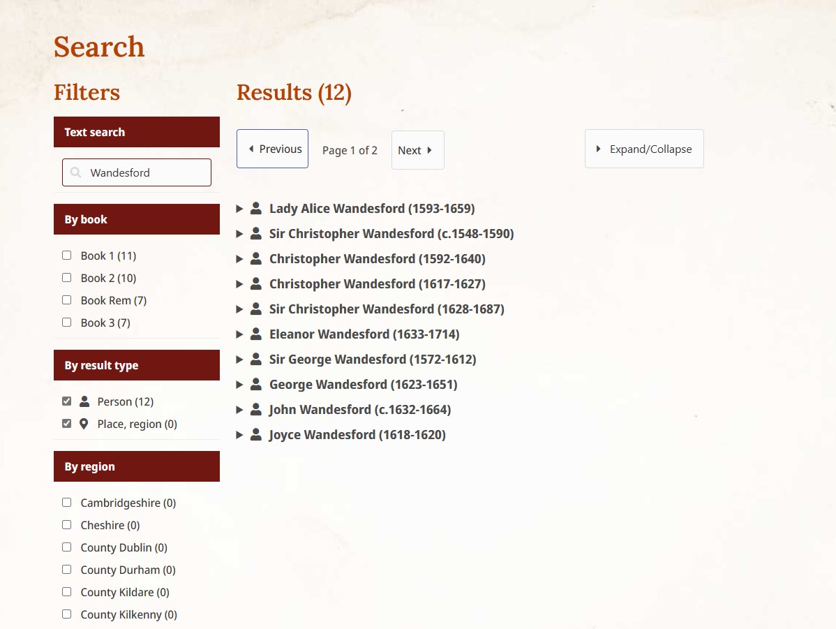 A picture of a webpage from the Thornton's Books site, showing a list of people with the surname Wandesford