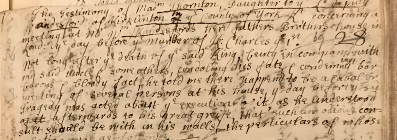 photo of part of a handwritten letter which includes Thornton's testimony, labelled as such and underlined 