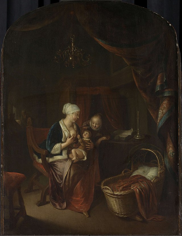 A seventeenth-century portrait of a woman sitting down breastfeeding a baby under a chandelier, with an older child looking on