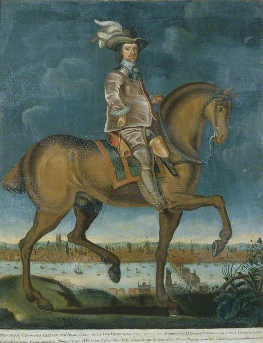 A man (Oliver Cromwell) wearing a plumed hat sits on a prancing brown horse on a riverbank - the Thames. On the other side of the river is an urban setting - London.
