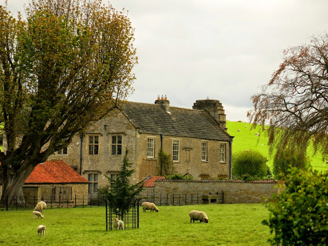 The view across a green field with sheep of a country house of grey stone with red tiles on the roof.