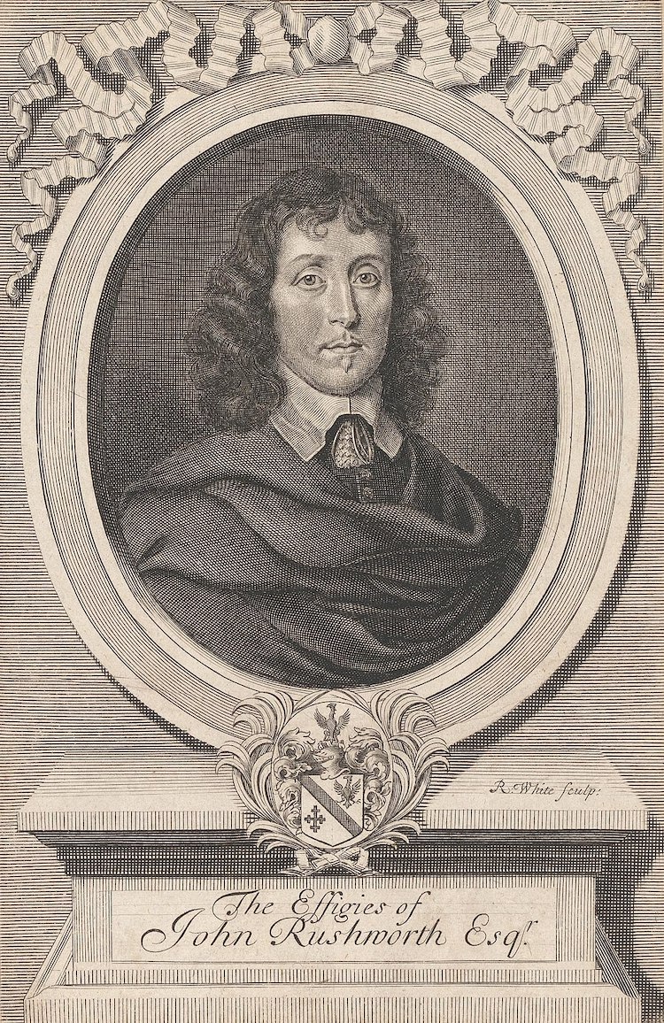 A black and white engraving of the bust of a white man with shoulder-length curly black hair
