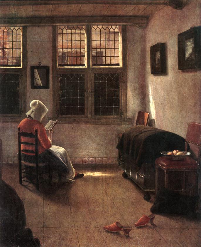 An woman with her head covered sitting in a parlour facing away from the painter, reading a book