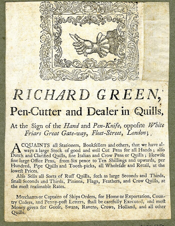 Eighteenth-century trade card of Richard Green, Pencutter, with an image of a hand holding a pen-knife