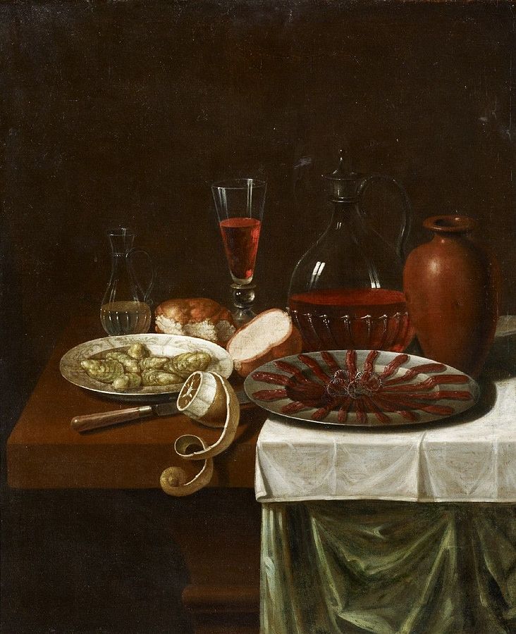 Still life with anchovies, shellfish, and various jugs on a table