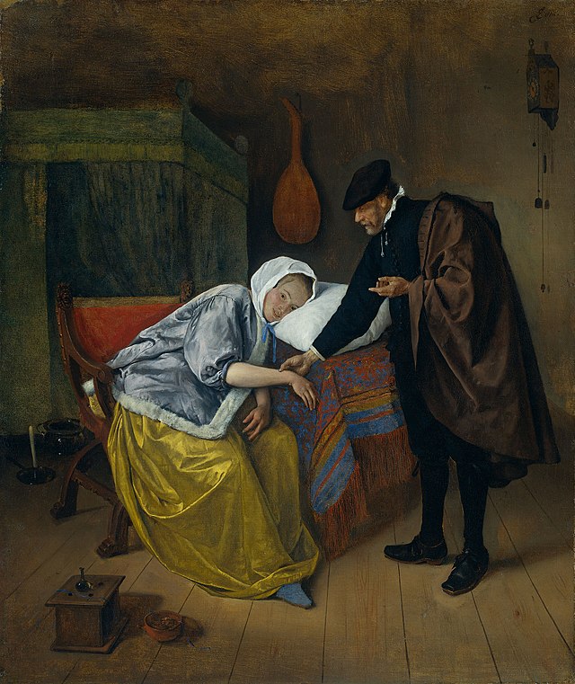 A 17th century painting of a male doctor dressed in black standing over a sick woman who is sitting in a chair with her head on a pillow. There is a four-poster bed in the background