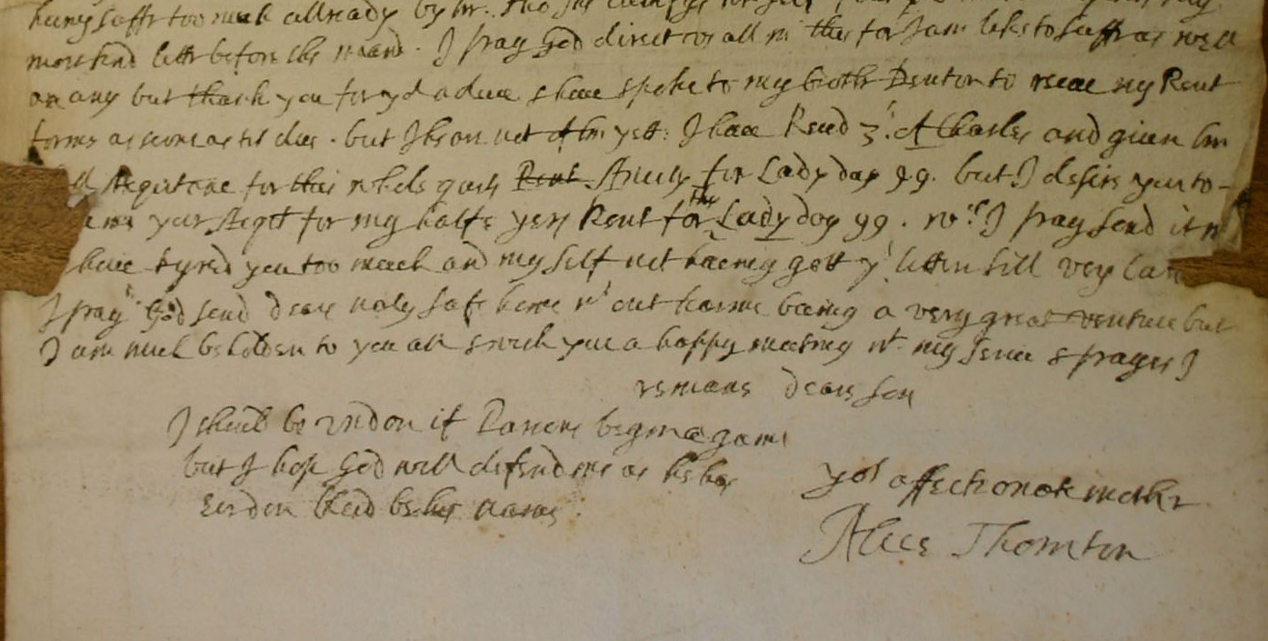 The bottom half of the letter from Alice Thornton to Thomas Comber, including her signature
