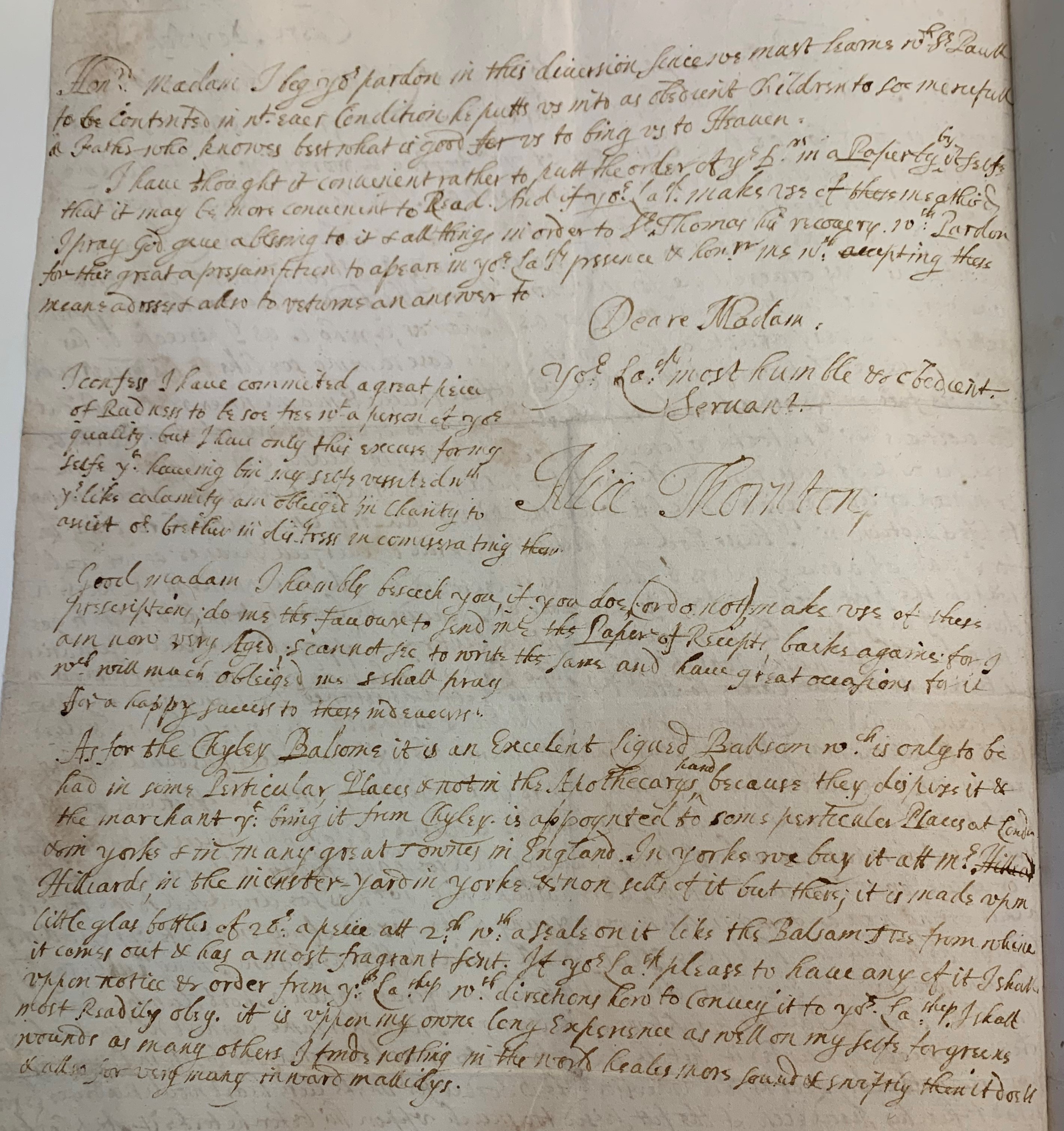 The back half of Alice Thornton's letter to Lady Yarburgh, showing her signature, and some details of the now-lost recipe as a postscript