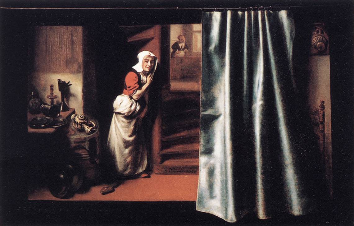 A maid hides behind a door, listening to a conversation taking place between a man and an unknown person in the next room.