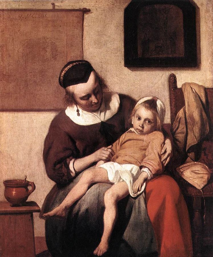 A 17th century painting of an older woman in a black cap with a sick toddler on her lap in a domestic setting.