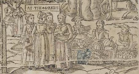 A satirical woodcut scene of women at a market, who are more busy at gossiping than their buying and selling