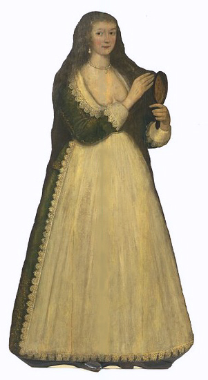 Dummy Board, woman with mirror, British, ca. 1630–1650